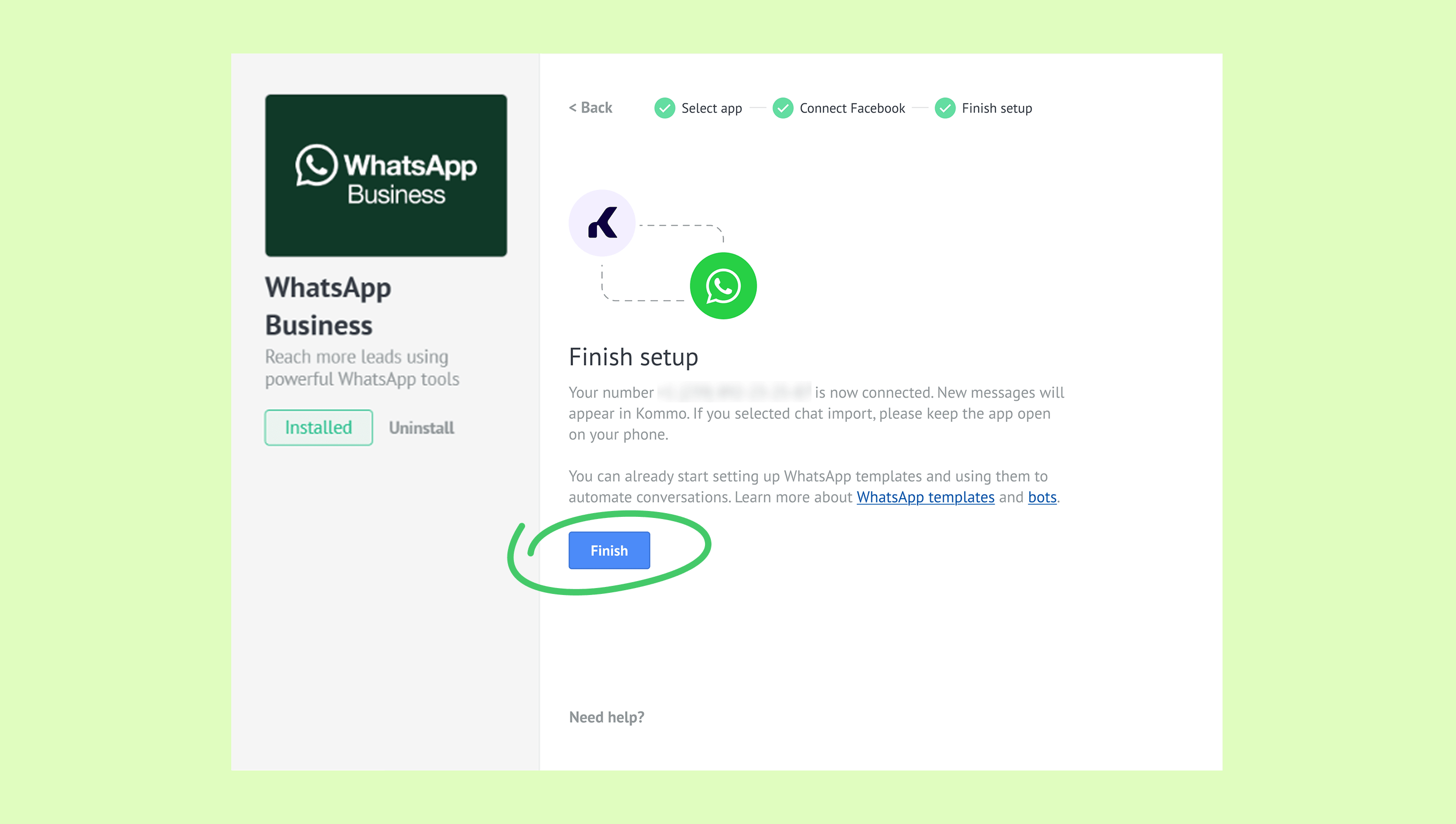 WhatsApp Business setup screen with highlighted 'Finish' button and connection details.